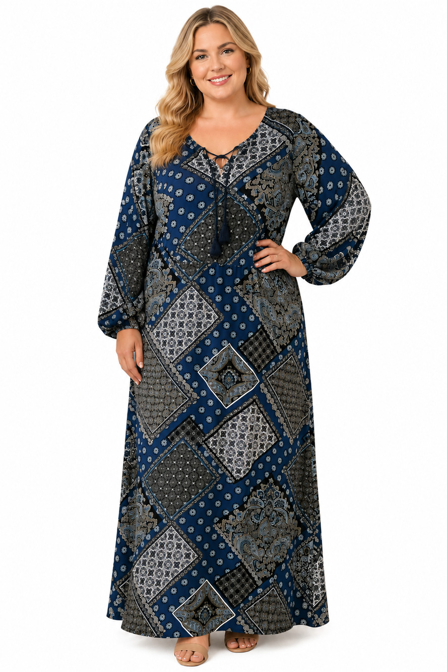 Ny Collection Womens Long Sleeve Maxi Blouson Lined Dress V-Neck Dress sz XL
